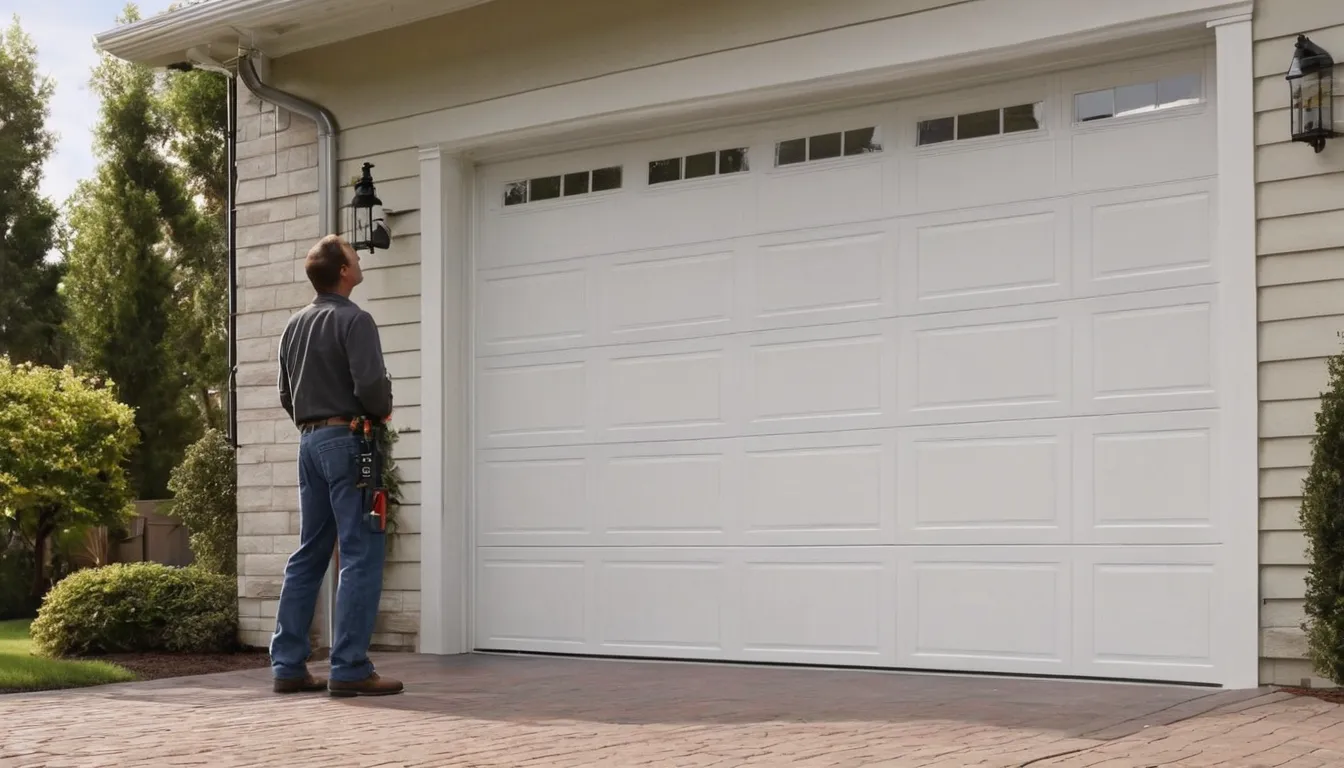 A local garage door provider carefully inspecting a torsion spring above a home garage door in Pasadena